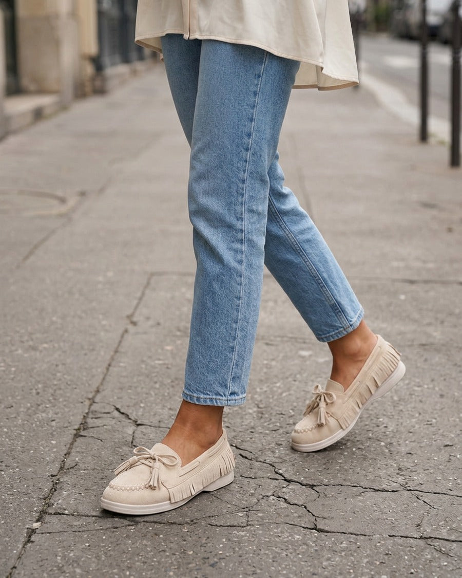 Mocassins en suédine à franges - Beige