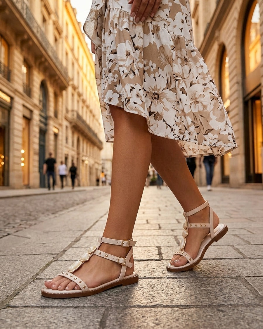 Nu-pieds en simili à empiècement pierres - Beige