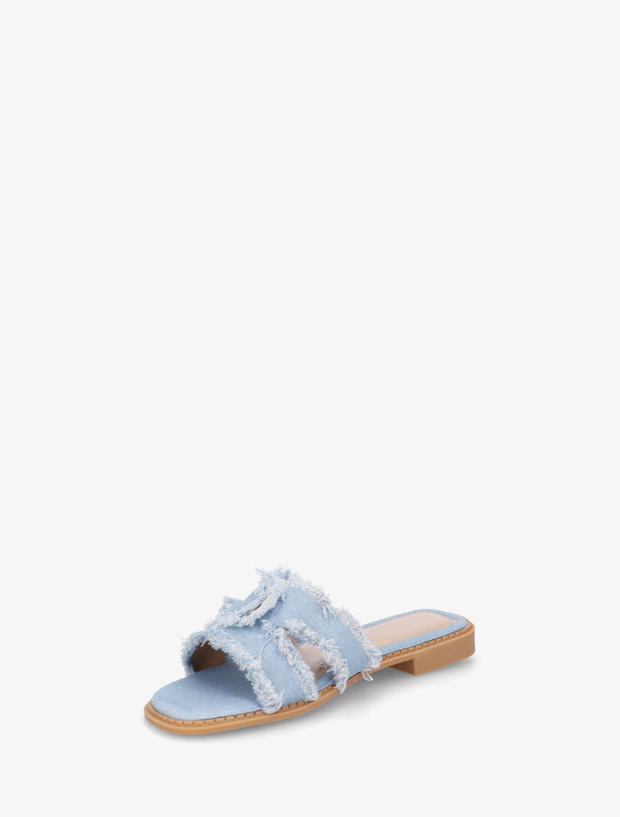 Claquettes en tissu effet effiloché - Bleu denim - 3