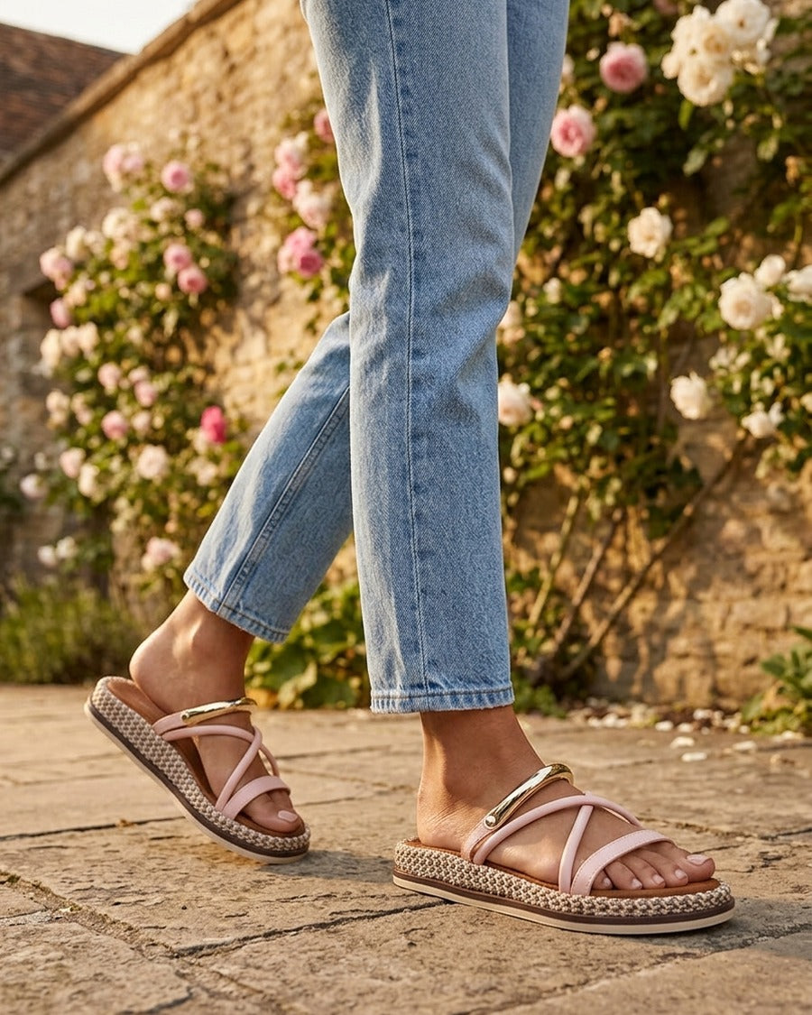 Mules plates en simili à bijou métal - Rose clair