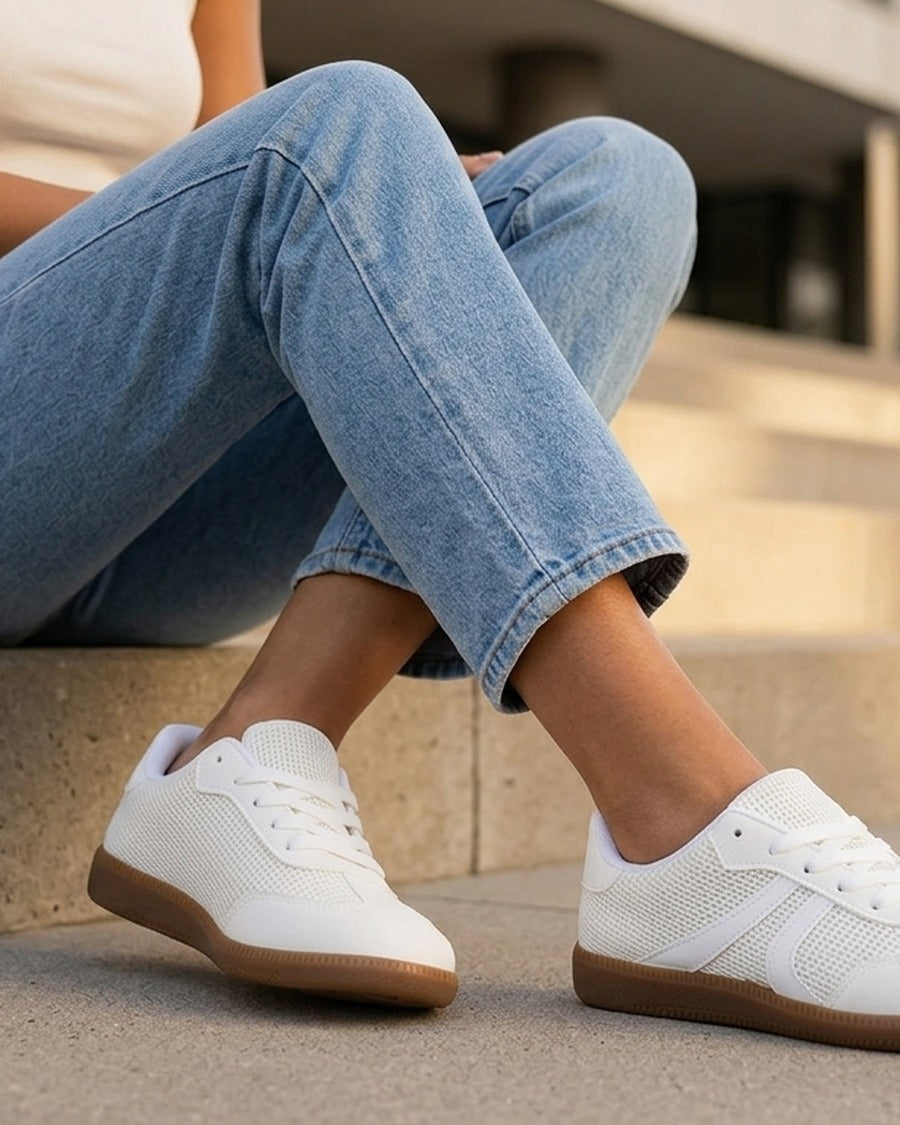 Sneakers bi-matière à semelle caoutchouc - Blanc