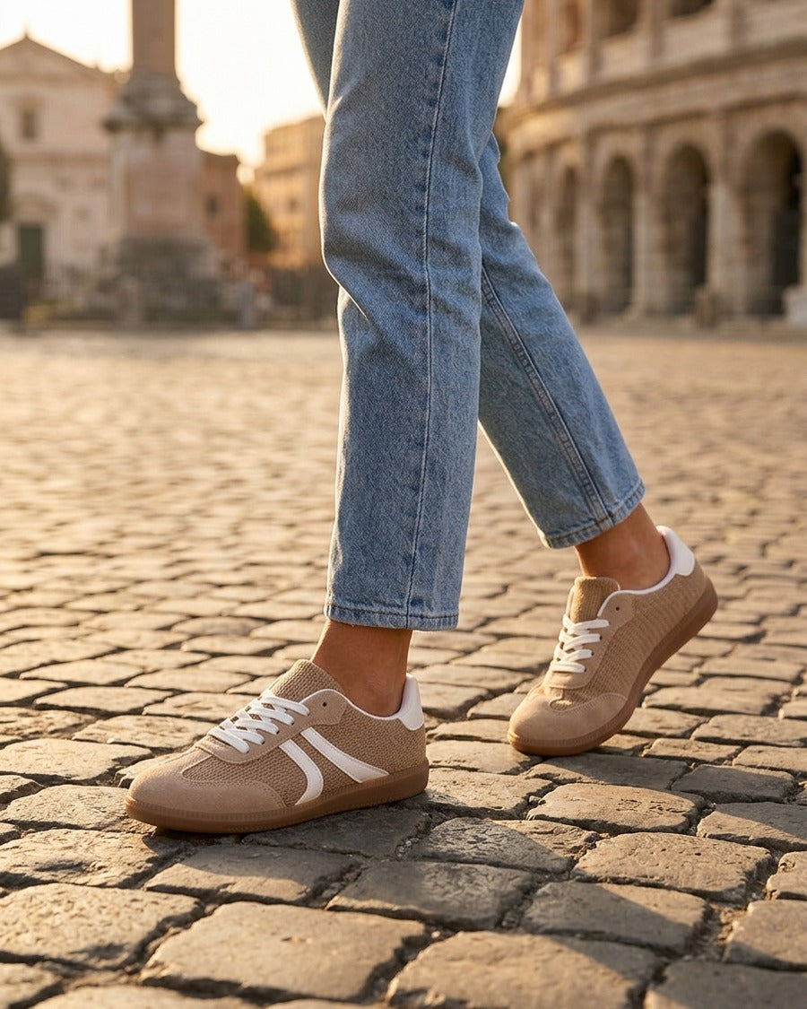Sneakers bi-matière à semelle caoutchouc - Taupe