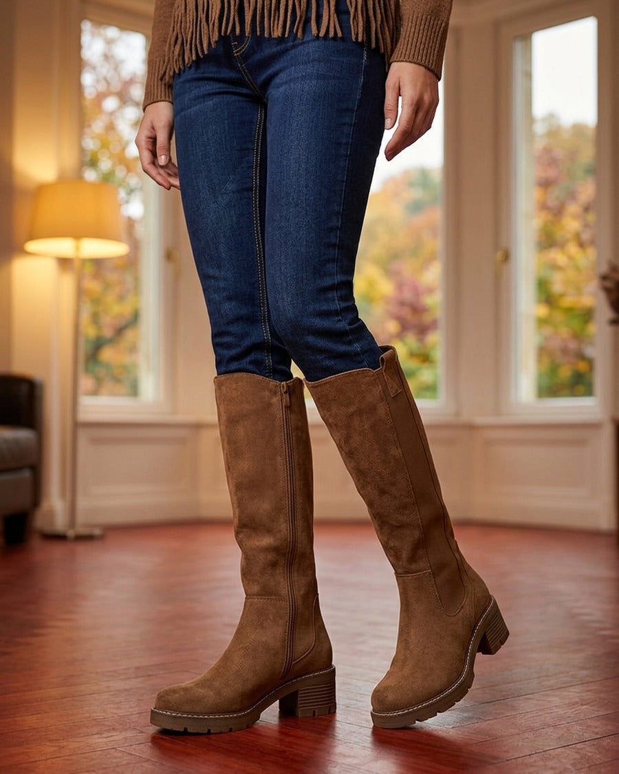 Bottes élastiquées en suédine à bout rond - Camel