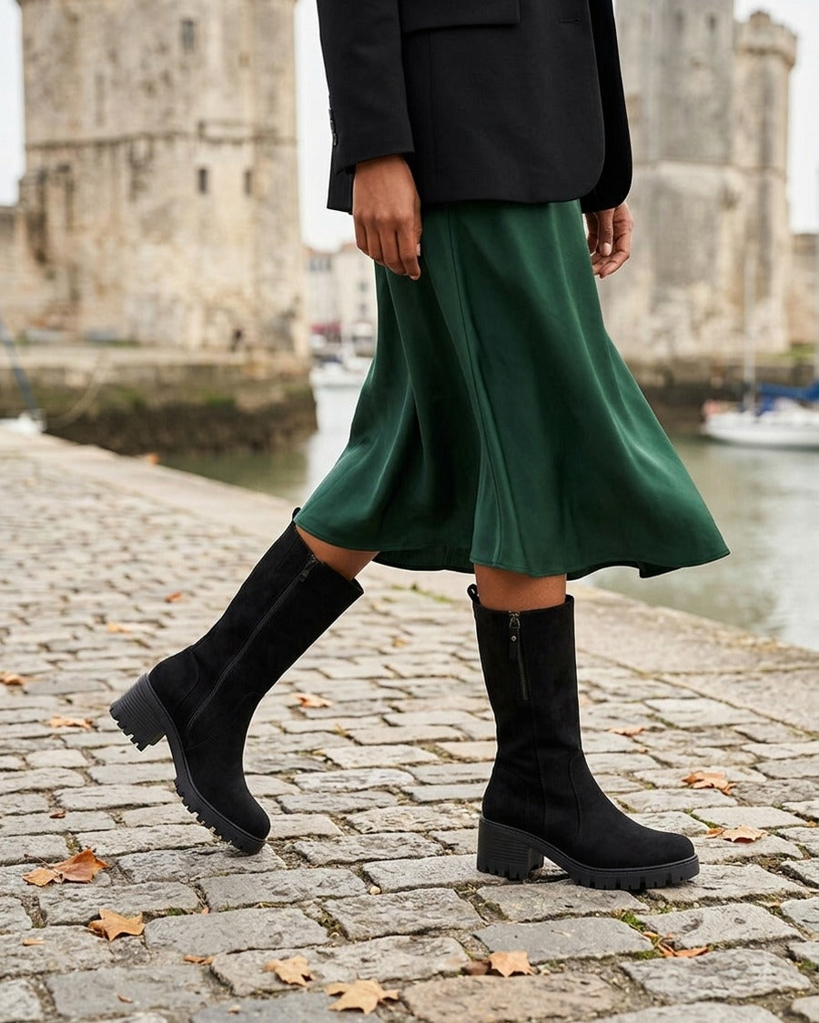 Bottines unies en suédine à zip décoratif - Noir