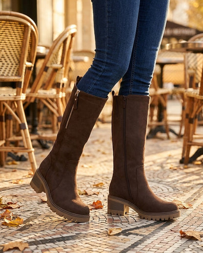 Bottines unies en suédine à zip décoratif - Marron