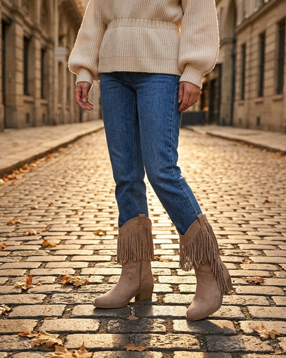 Bottines style santiags à franges - Taupe