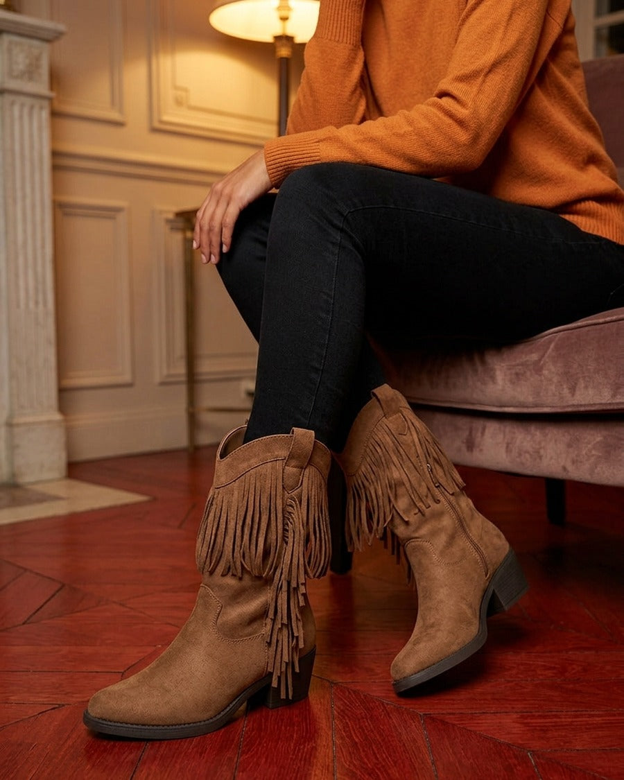 Bottines style santiags à franges - Camel