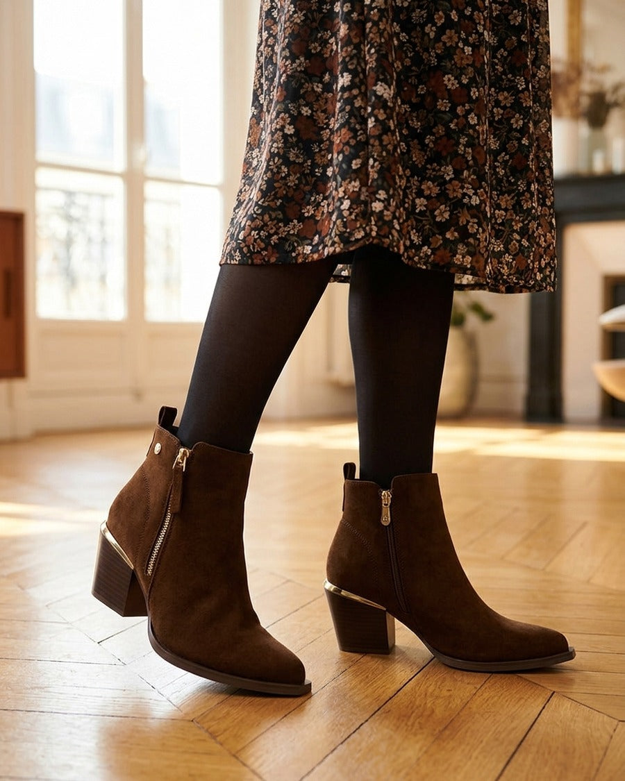 Bottines en suédine à zip décoratif et bouts pointus - Marron