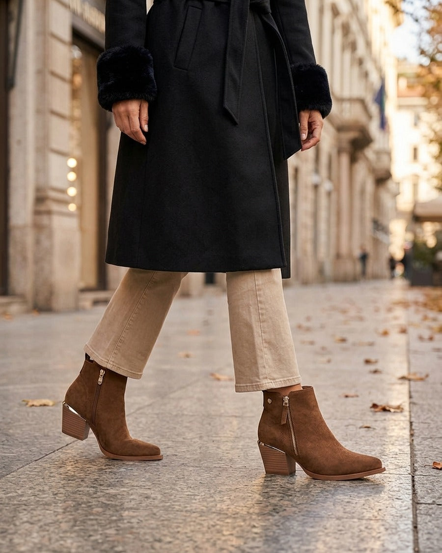 Bottines en suédine à zip décoratif et bouts pointus - Camel