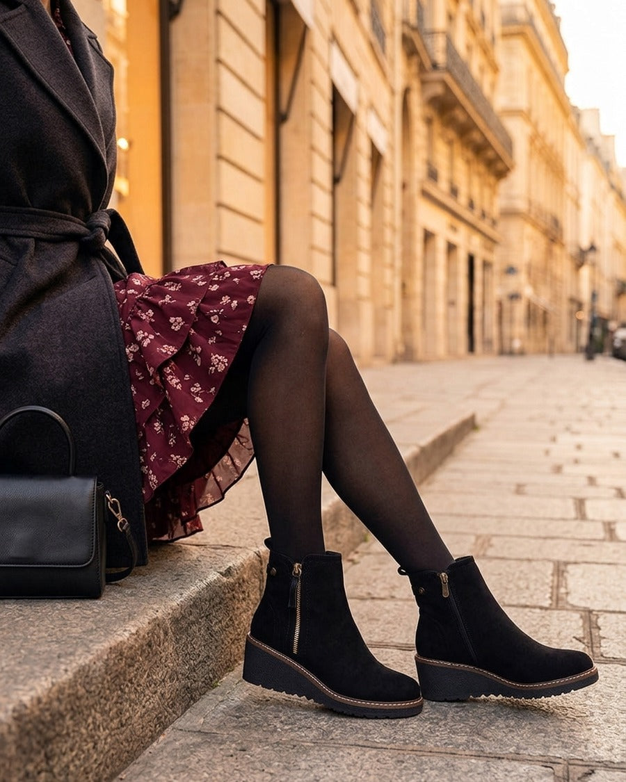 Bottines en suédine à talon semi-compensé et zip - Noir