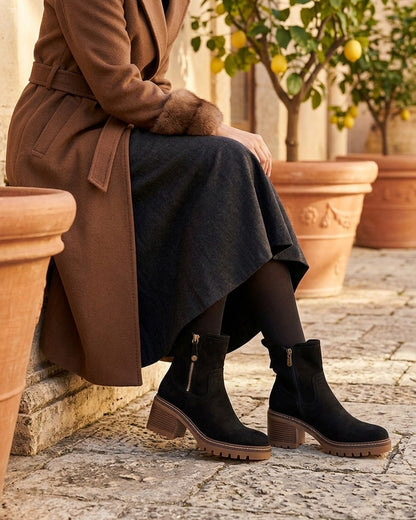 Bottines en suédine à zip décoratif - Noir