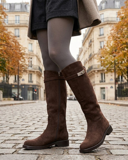 Bottes en suédine style cavalière à sangle - Marron