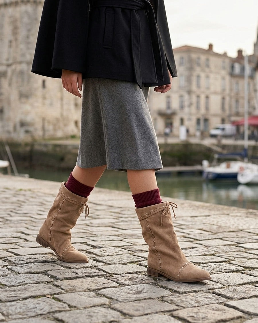 Bottines en suédine à cordons de serrage - Taupe