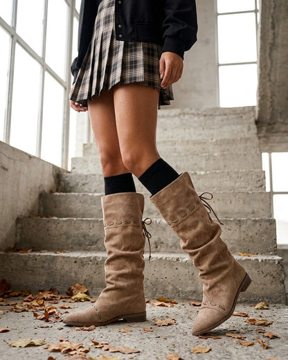 Bottes en suédine à cordons de serrage - Taupe