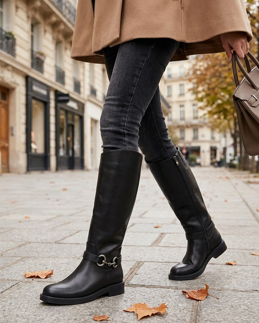 Bottes en simili à boucle métallique fantaisie - Noir