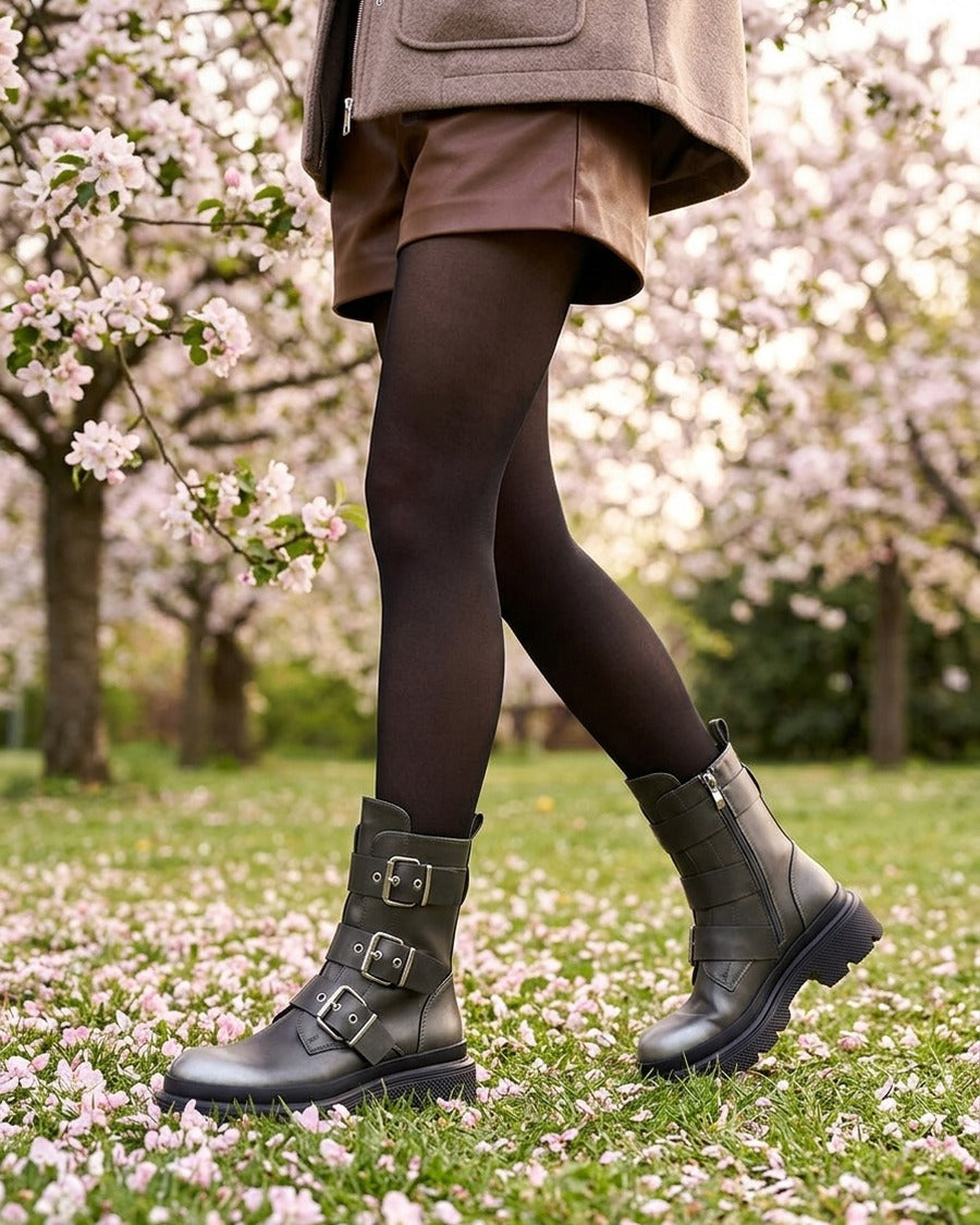Bottines nacrées à sangles et semelles crantées - Gris