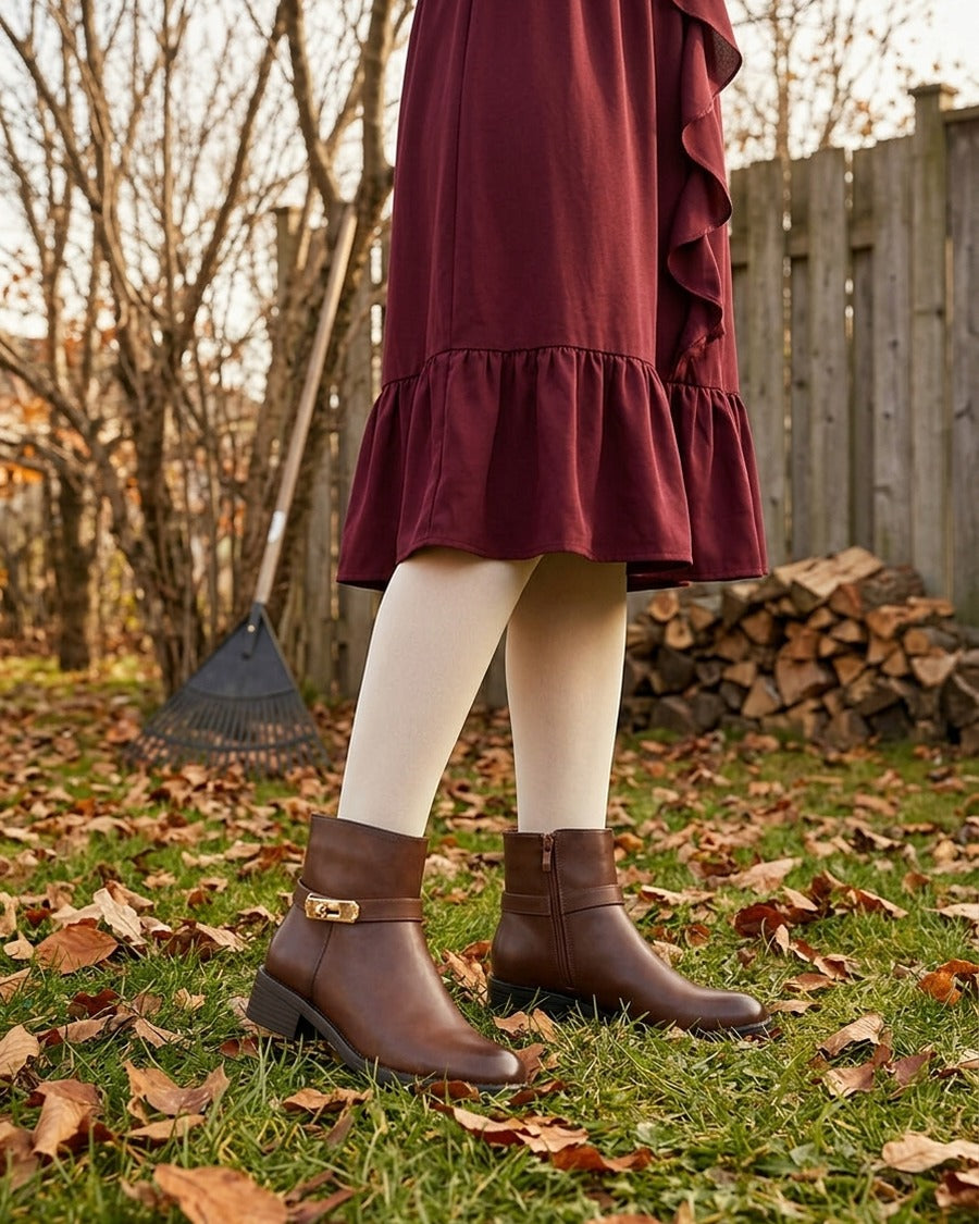 Bottines en simili à boucle décorative - Camel