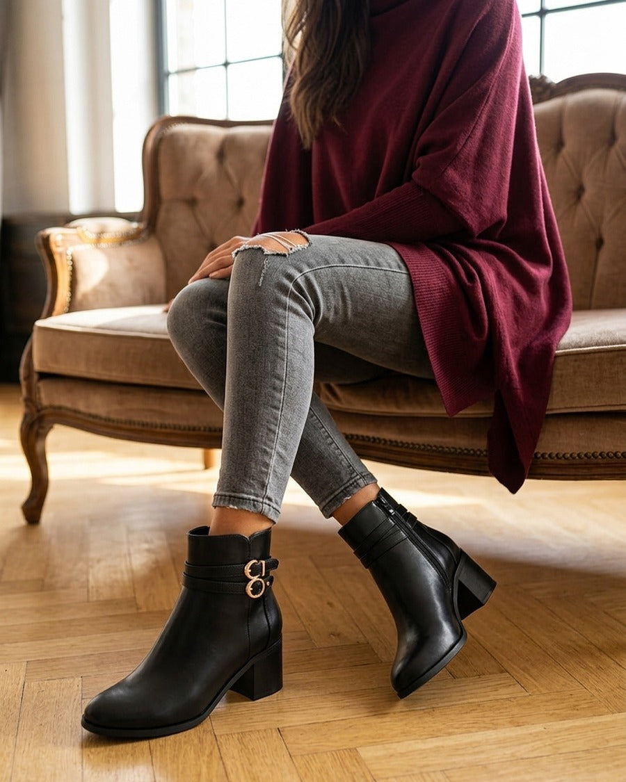 Bottines en simili à double boucles - Noir