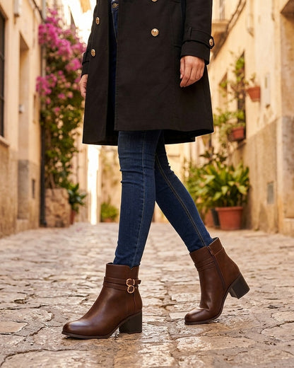Bottines en simili à double boucles - Marron