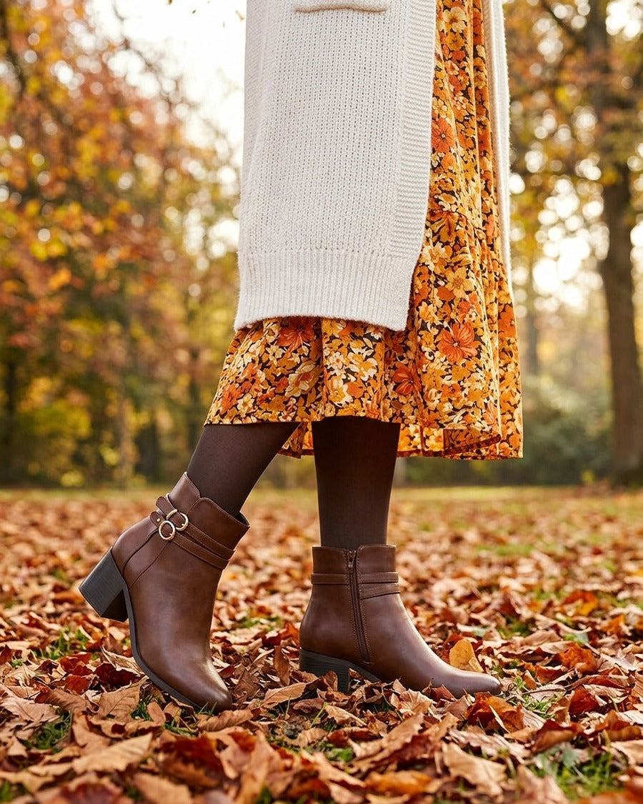 Bottines en simili à double boucles - Camel