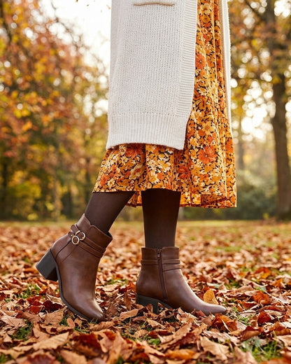 Bottines en simili à double boucles - Camel