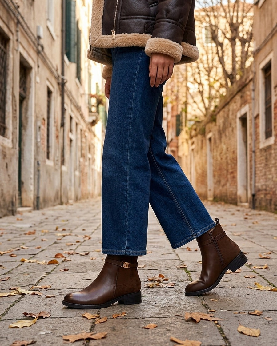 Bottines bimatière à boucle - Chocolat