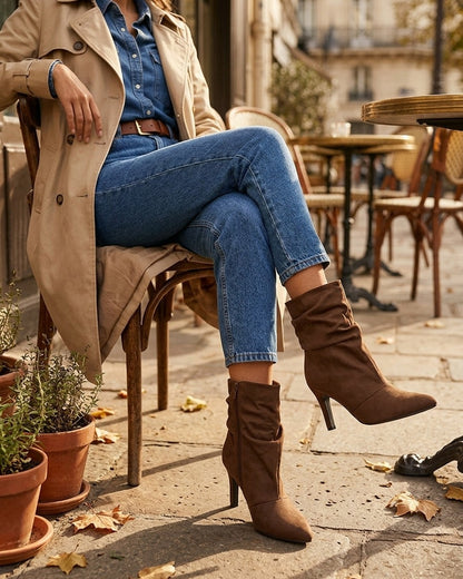 Bottines montantes en suédine effet froissé - Marron