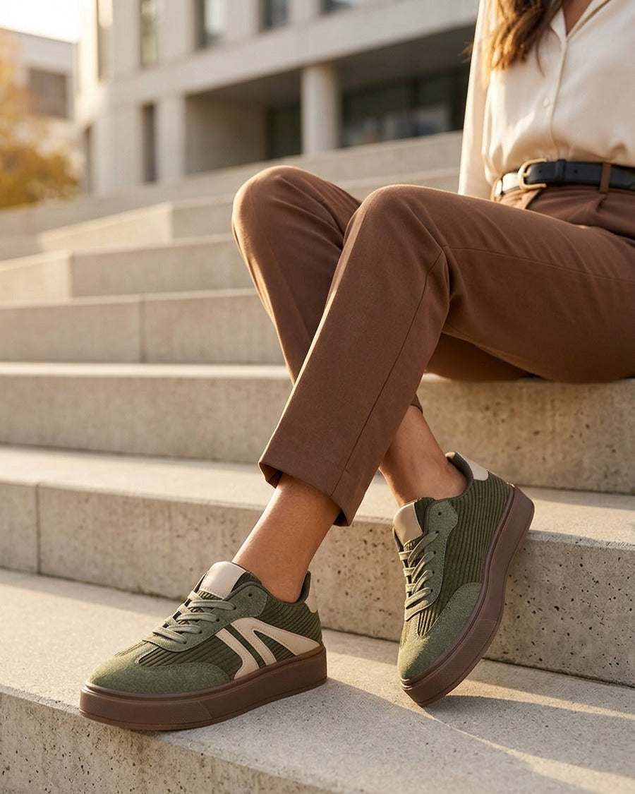 Sneakers à empiècement tissu et bandes contrastantes - Kaki