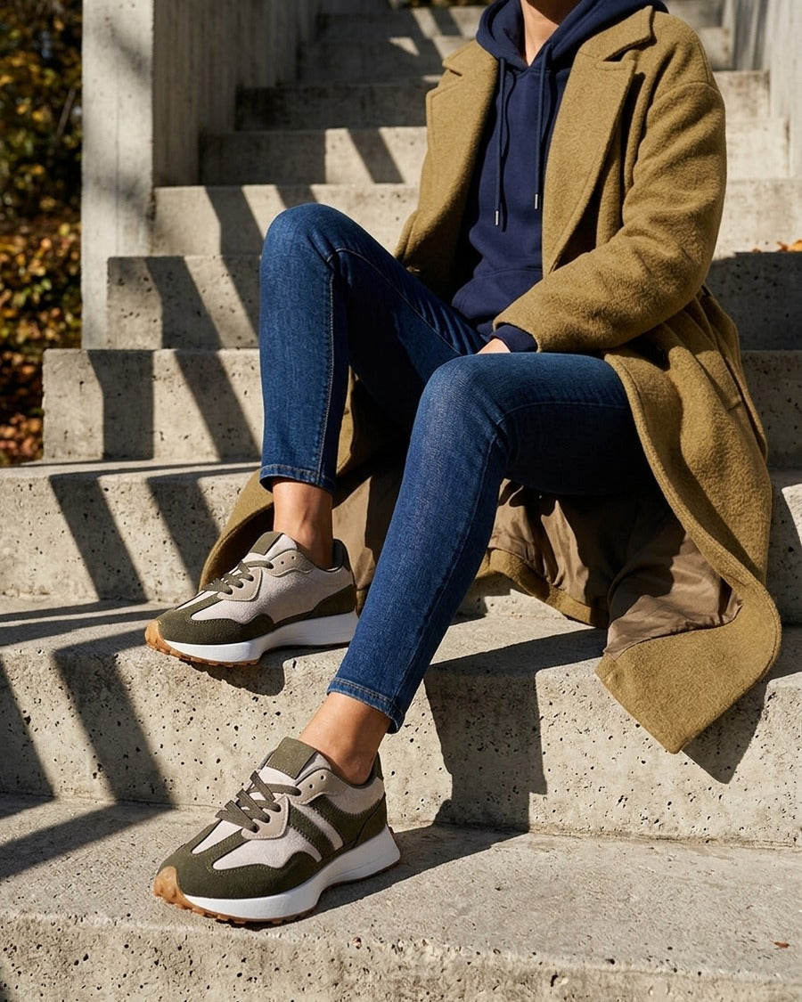 Baskets effet nubuck à bandes contrastantes - Kaki