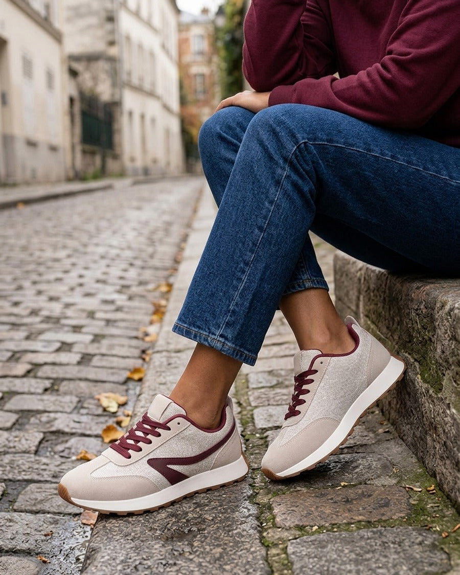 Sneakers à empiècement tissu et effet nubuck - Beige