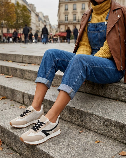 Sneakers à empiècement tissu et effet nubuck - Taupe