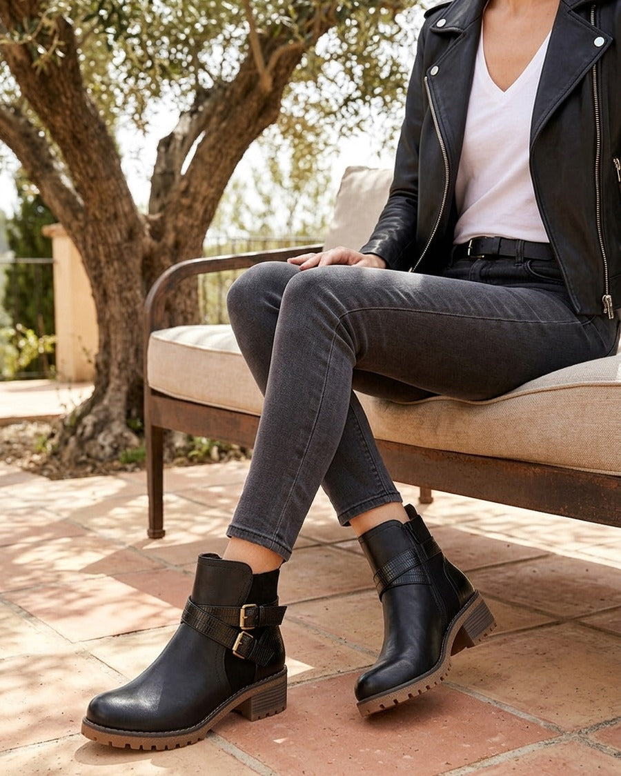 Bottines fourrées bi-matière à 2 boucles - Noir