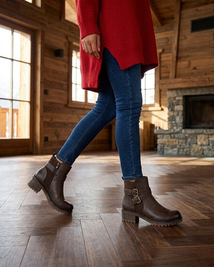 Bottines fourrées bi-matière à 2 boucles - Marron