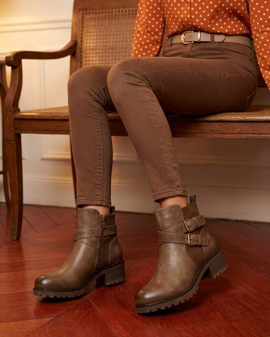 Bottines fourrées bi-matière à 2 boucles - Taupe