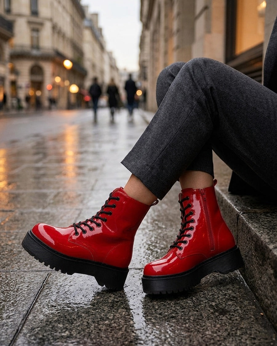 Bottines montantes vernies à lacets - Rouge