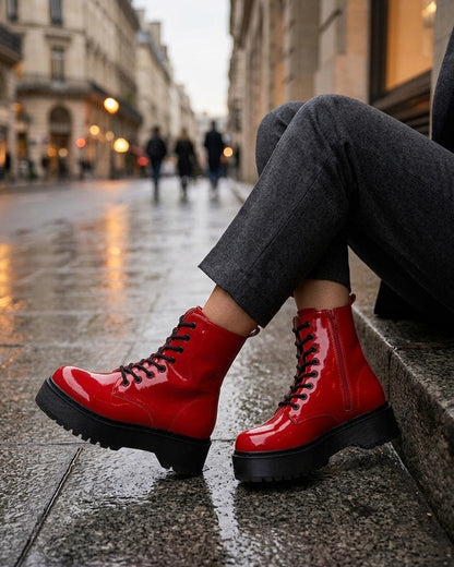 Bottines montantes vernies à lacets - Rouge