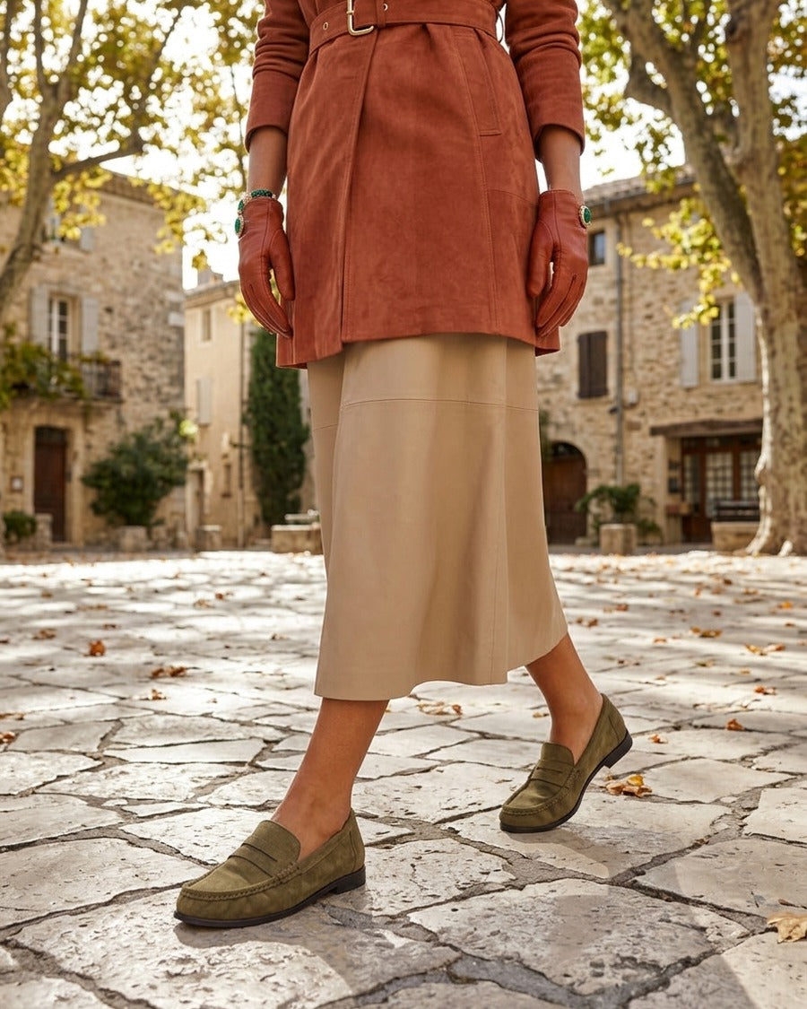 Mocassins en suédine effet froncé - Kaki