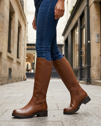 Bottes élastiquées en tissu côtelé - Camel