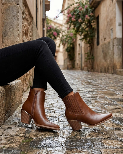 Bottines en simili style santiags - Camel