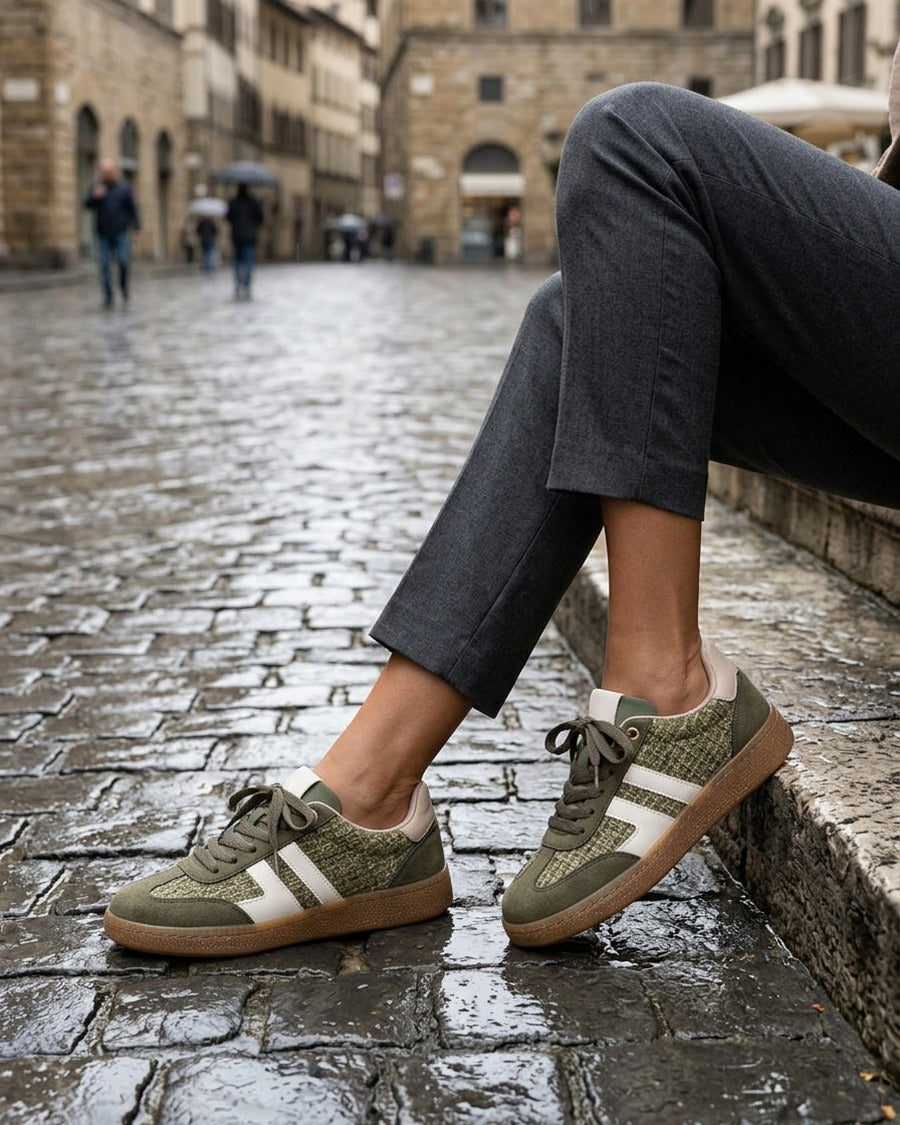 Baskets en tweed et suédine - Kaki