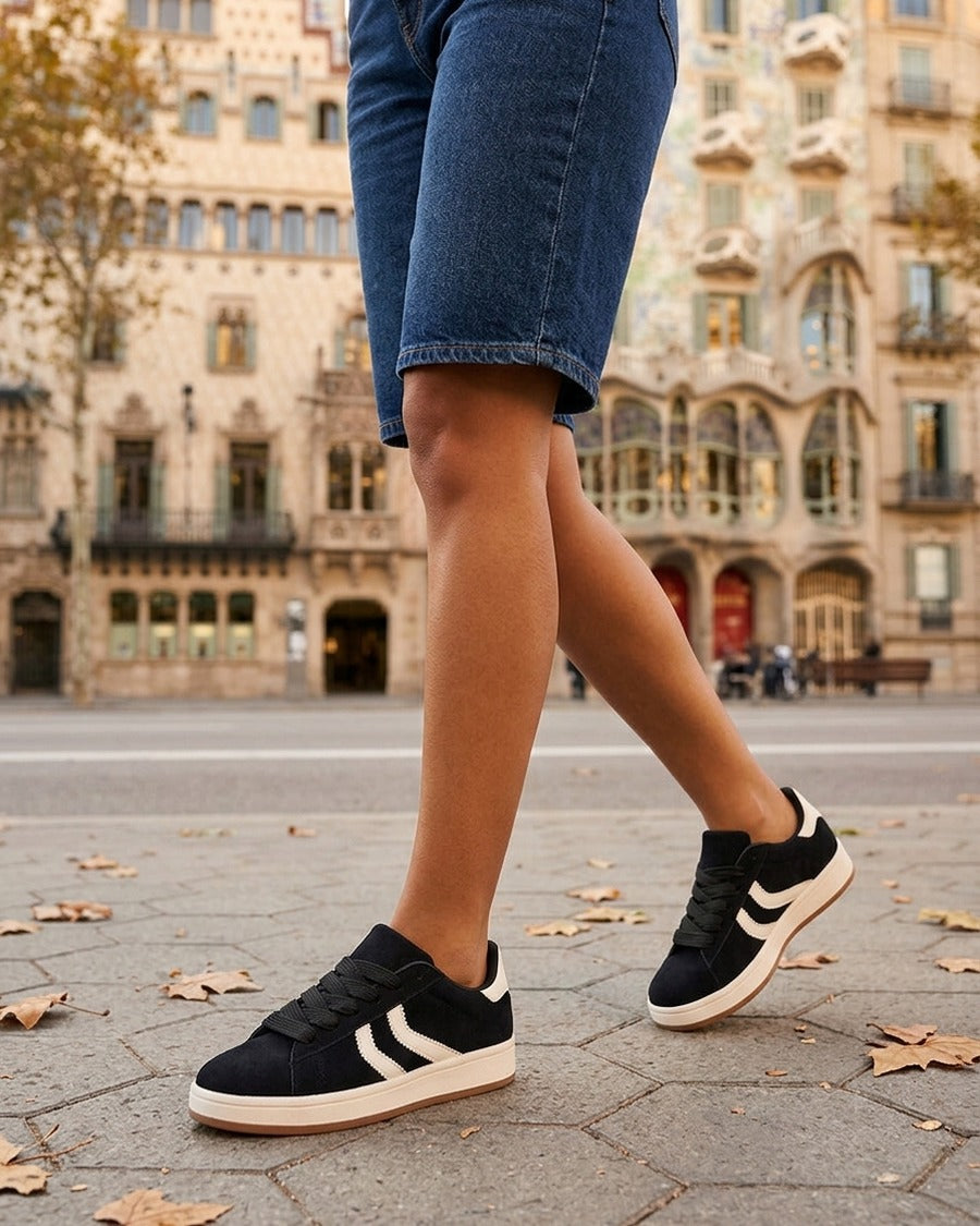 Baskets effet nubuck à bandes dentelées - Noir
