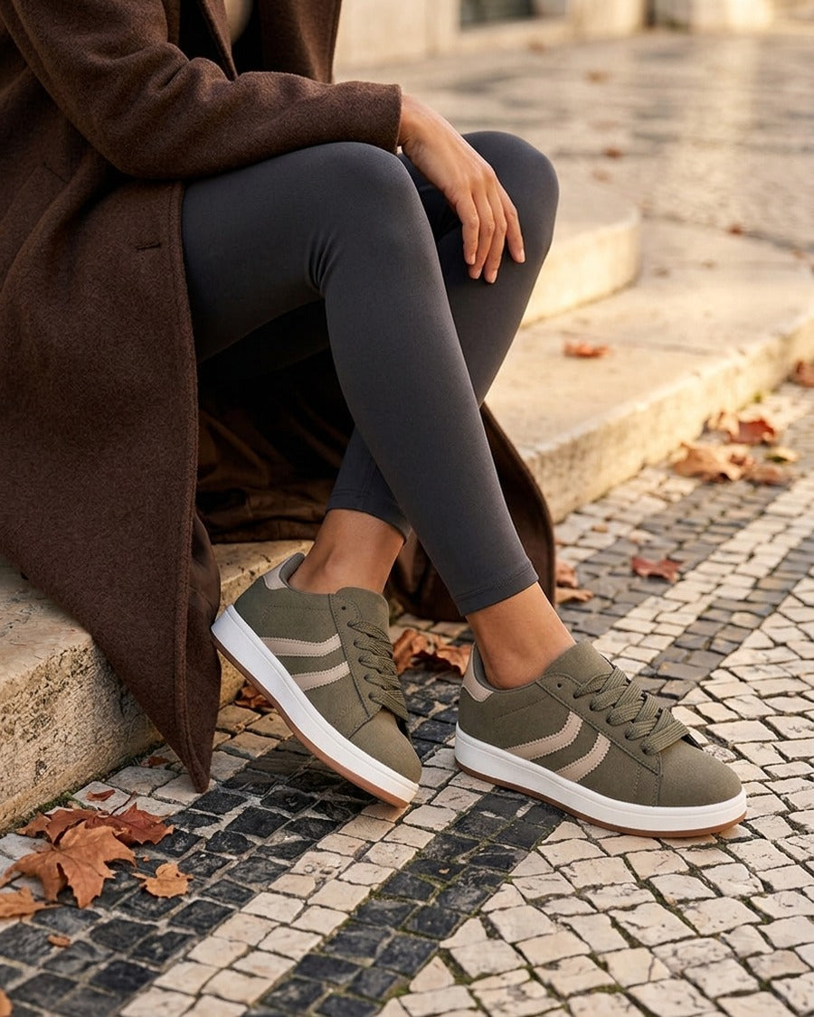 Baskets effet nubuck à bandes dentelées - Kaki