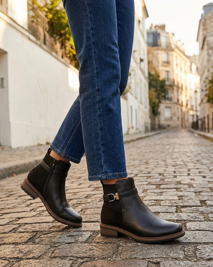 Bottines élastiquées bimatière à boucle métallique - Noir