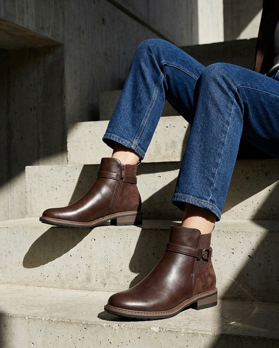 Bottines élastiquées bimatière à boucle métallique - Marron