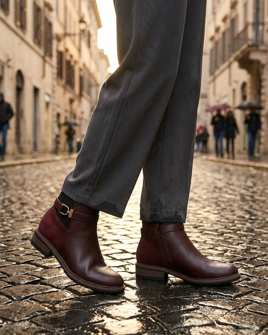 Bottines élastiquées bimatière à boucle métallique - Lie de vin