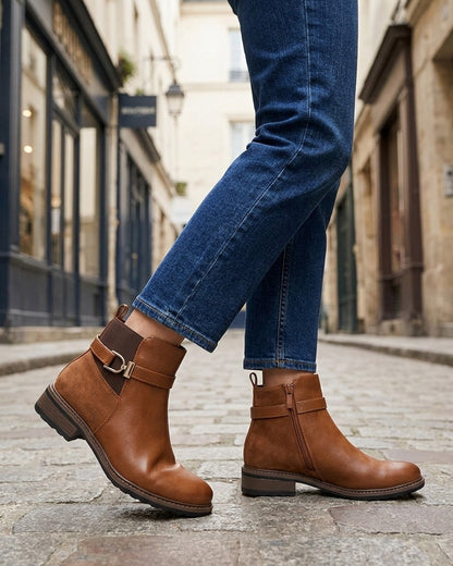 Bottines élastiquées bimatière à boucle métallique - Camel
