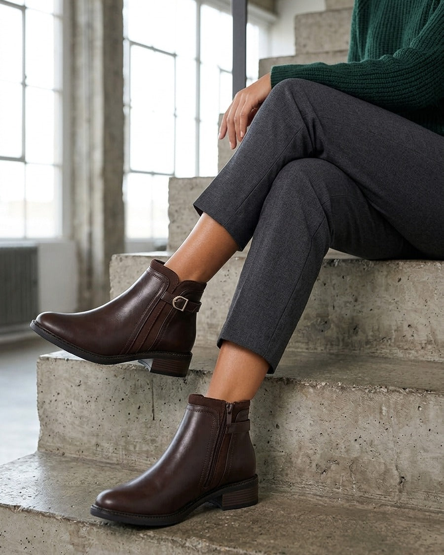 Bottines en simili à boucle et empiècement suédine - Marron