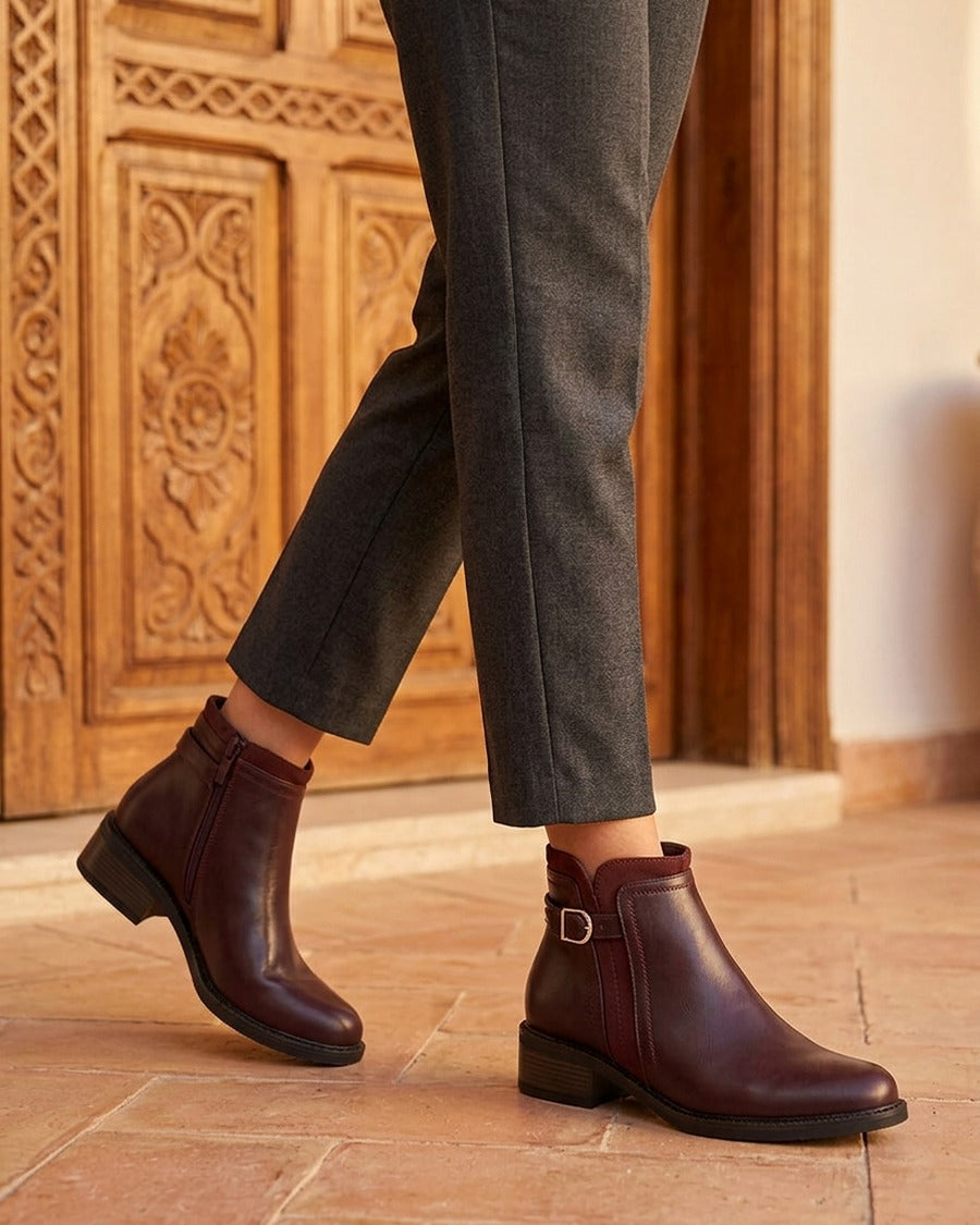 Bottines en simili à boucle et empiècement suédine - Lie de vin