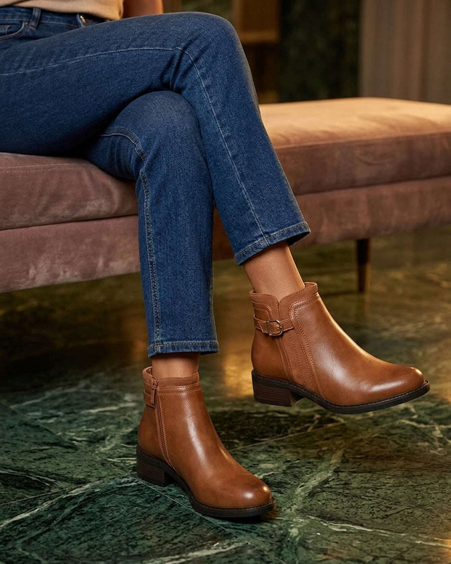 Bottines en simili à boucle et empiècement suédine - Camel