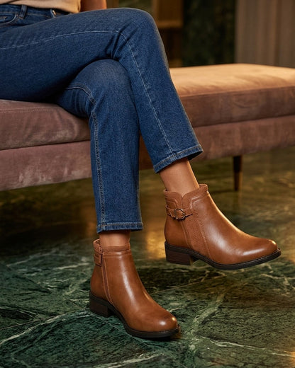 Bottines en simili à boucle et empiècement suédine - Camel